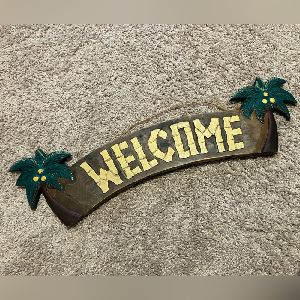 Vintage Handpainted Tropical Palm Welcome Wall Sign in Yellow and Green